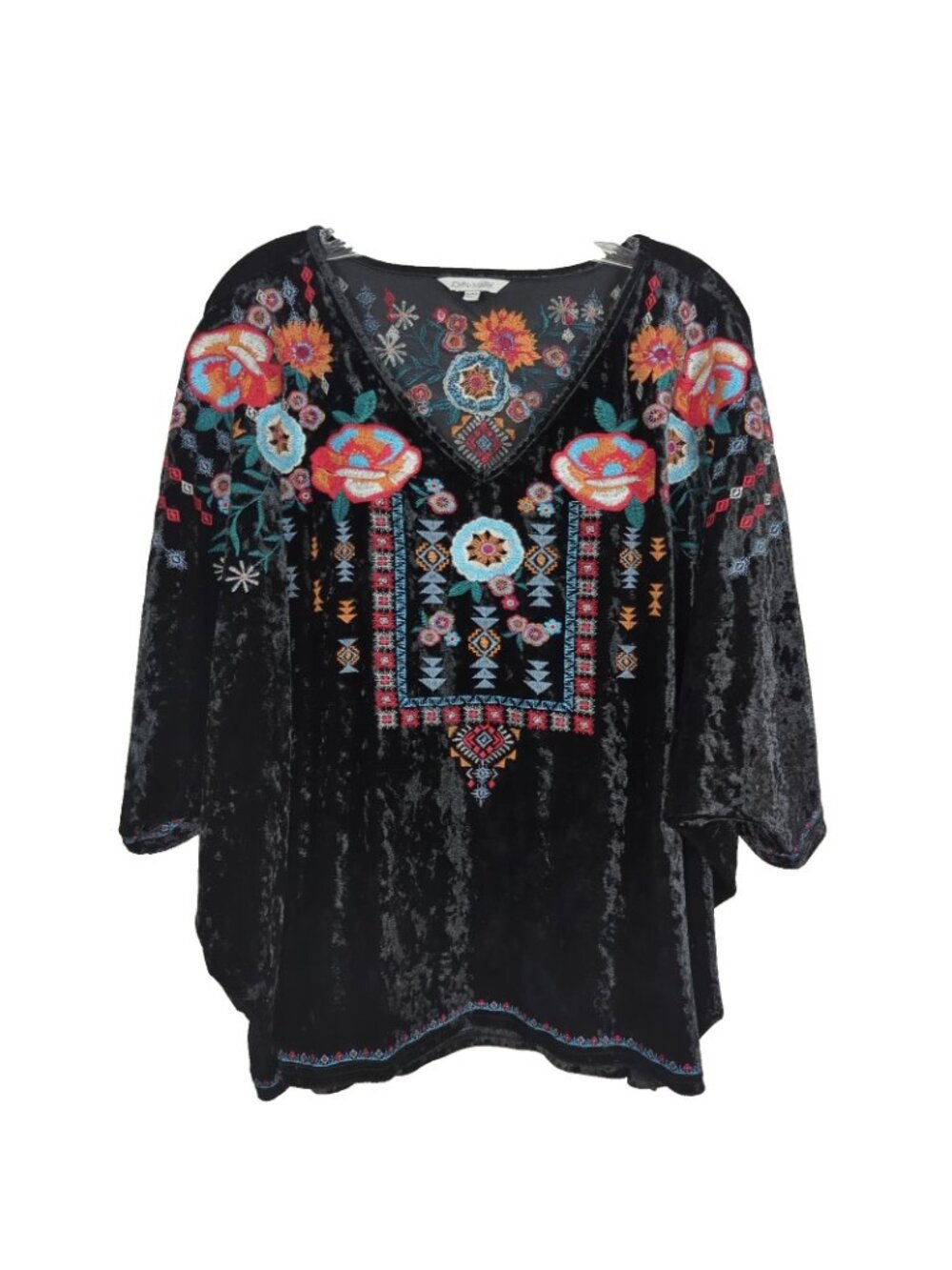 John Mark Blouse Womens S/M Black Velvet Embroidered Floral Boho Kimono Top - Picture 2 of 11